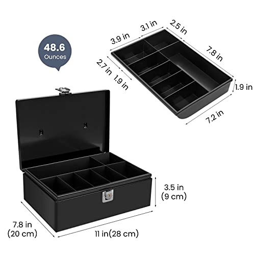 Flexzion Cash Box with Money Tray, Latch Lock, 11 x 7.7 x 3.5 Inch, Black