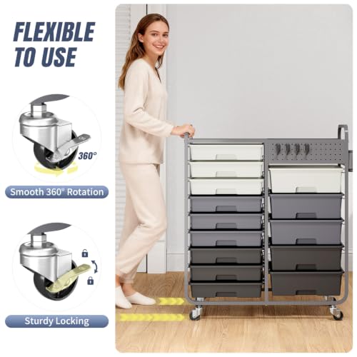 14 Drawer Rolling Storage Cart with Tabletop and Pegboard for Crafts Grey