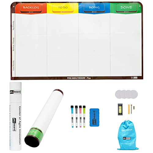 PMXBOARD 4 Column Kanban Board, Full Magnetic Dry Erase Scrum Board, Flexible Wall-Mount Agile Whiteboard for Task Tracking, Workflow Management, Project Planning, 4 Markers & Eraser