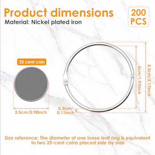 200Pack Loose Leaf Binder Rings 2 Inch Bulk Metal Rings for Index Cards Key