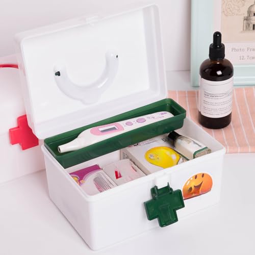 YINGKSO 4Pcs Plastic First Aid Storage Box Container Bin,Portable Medical Box with Removable Tray and Handle,Family Emergency Medicine Kit Case Organizer for Home Travel Office (Green,4)