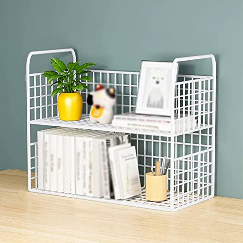 VHDY85KA Bookcase 2-Tier White Desktop Organizers Desktop Bookshelf with Metal Mesh Design for Office Desk Display Shelf Desktop Corner Organizer and Storage for Dorm, Home, Makeup Modern(Medium)