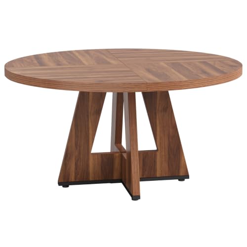 LITTLE TREE 47 Inches Round Conference Table for 4-6, Small Meeting Table, Modern Circle Podcast Table, Business Style Wooden Office Training Table with Strong Pedestal for Office Conference, Brown