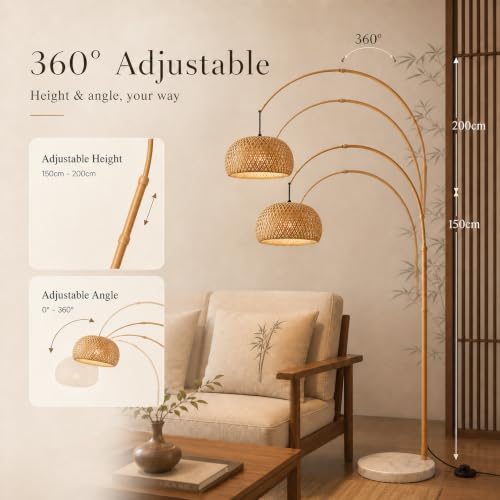MIXL Large Bamboo Arc Floor Lamp,Boho Style,for Living Room and Bedroom
