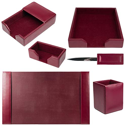 DACASSO Bonded Leather Desk Set - Luxury Leather Desk Pad & Desk Organization Essentials (Burgundy, 6 Piece)