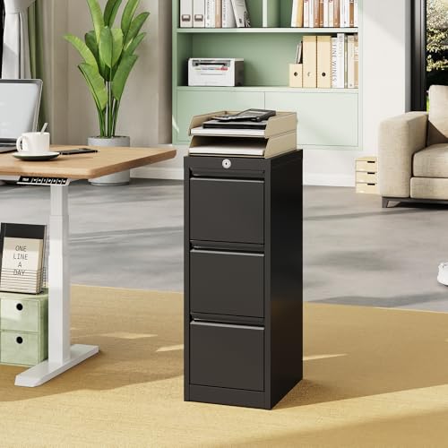 PhoenixCrest 3-Drawer Locking File Cabinet for Home Office, Black Metal Vertical Filing Cabinet with Anti-Tilt Security, Silent Slides, Fits Letter/A4/Legal Folders, Easy Assembly