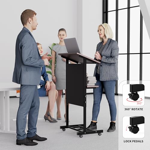 Portable Podium with 7 Adjustable Heights,Podium Stand with Shelf and Cup Holder,Lectern for Seminars,Schools and Conferences (Black)