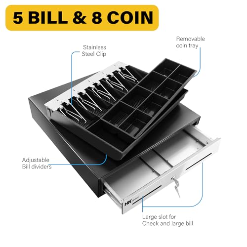 HK SYSTEMS 18inch Heavy Duty Black POS Cash Drawer with 5Bill/8Coin "Stainless Steel" Front, Ball Bearing Slides