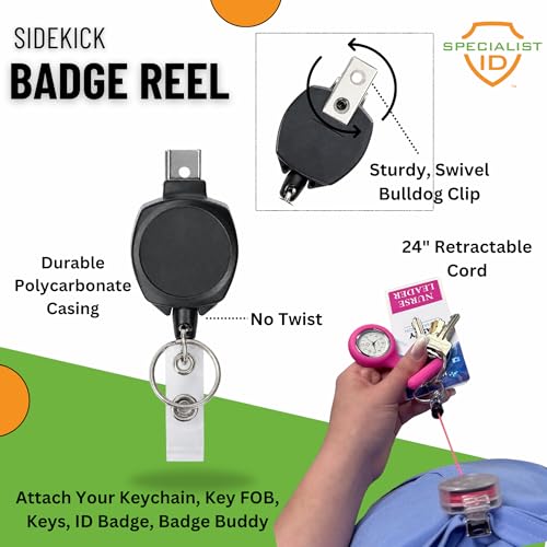 25 Pack Heavy Duty Retractable Badge Reel with Swivel Alligator Clip - Key-Bak Sidekick for Nurses & Medical Professionals - USA Made ID Holder with 24" Kevlar Cord & Keychain - Specialist ID Edition