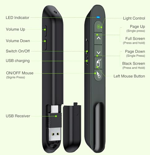 DINOSTRIKE Air Mouse Green Light USB A&C Rechargeable Presentation Clicker Wireless Presenter Presentation Remote Control RF 2.4 GHz Powerpoint Clicker Slide Advancer for Mac Laptop Computer