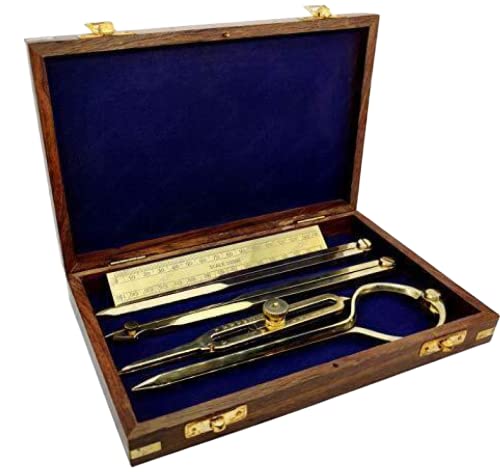 Proportional Divider Set of 5, Full Brass dividers with Executive Wooden Box, Single Handed 8" Geometry Drafting Divider for Maritime & Naval, Solid Brass Proportional Drawing Tool with Wooden Case
