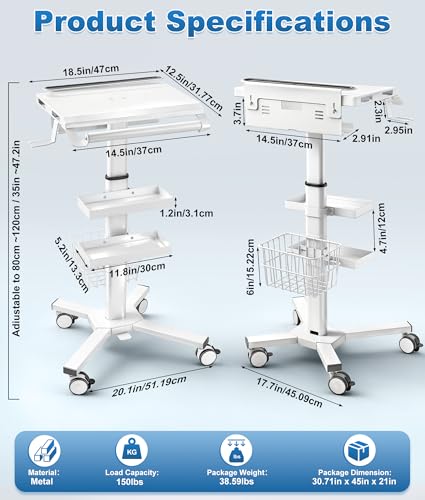 Medical Cart, 31.5"-47.24" Height Adjustable Lab Utility Cart with Wheels, Mobile Hospital Medical Trolley Cart with Scanner Holder, 2 Trays, Basket, Large Tabletop for Dental Clinic, Salon