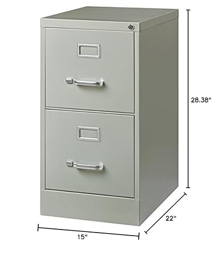 Pemberly Row 22" 2-Drawer Metal Vertical Filing Cabinet, Light Gray Finish, Commercial Grade Steel Construction, Lockable Letter Width Drawers, Smooth Ball-Bearing Slides, Office Storage Solution