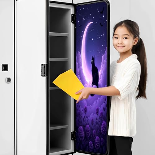 2 Pcs Locker Magnetic Wallpaper Mystical Black Cat Sitting Crescent Moon Purple Roses Starry Sky 12" x 36" Wall Magnetic Sticker Removable Locker Accessories Decor Easy Install for Office School