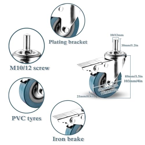 Set of 4 Caster Wheels, 65mm 75mm Castors for Furniture with SafetyBrake, No Floor Marks, Threaded Stem Castor Wheels with Metric Size M10/12, No Noise,
