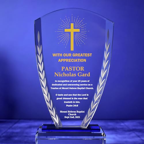 Personalized 9” Glass Plaque, Customized Gift Award Trophy for Pastors