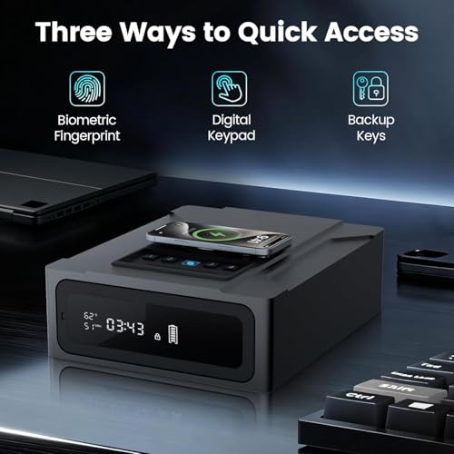 XDeer Biometric Gun Safe for Handgun, Nightstand Smart Safes Box with Wireless Charging for Phone and Watch, 3 Ways Quick Access Fingerprint Gun Safes, Auto Pop-up Drawer Safe with Digital Clock 1PCS