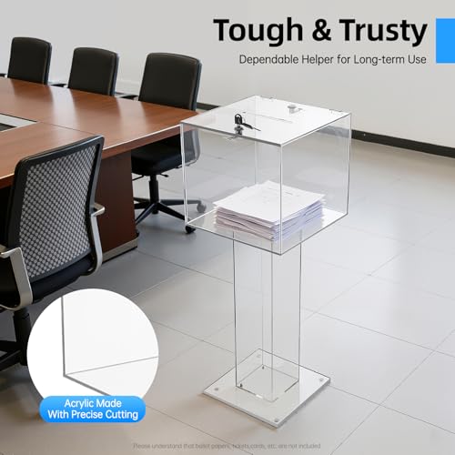 Floor Standing Acrylic Ballot Box, Lockable Storage Containe with Stand, 12 X 12 Inch Clear Suggestion Box with Lock & Two Keys for Election Voting Contest