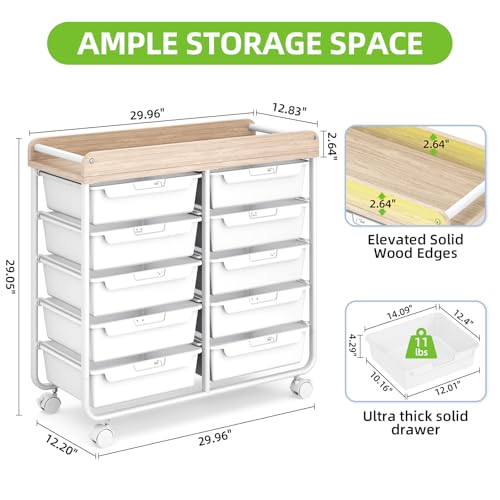 10 Drawers Rolling Cart with Wooden Tabletop, Utility Storage Cart with Wheels, Art Supply Craft Organizer on Wheel with Metal Frame & Handles for Home Office School (Pure White)