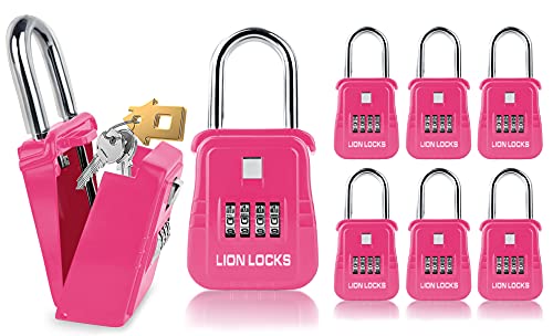 Lion Locks 1500 Key Lock Box with Code, Lockbox for Keys Outdoor, Realtor Lock Box for Short-Term Rentals, Holds 5 Keys (6 Pack, Pink)