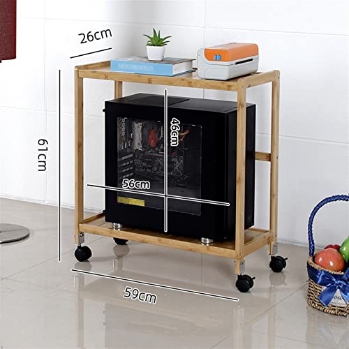 VHDY85KA Office PC Tower Stand, 2-Tier Rolling CPU Stand, Bamboo Mobile PC Host Case Stand with Caster Wheels, Fits Most PC Case and Printer Under Desktop Accessories(Brown,59 * 26 * 61cm)