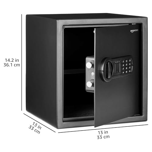 Amazon Basics Steel Home Security Electronic Safe with Digital Keypad, Programmable Lock for Important Documents, Jewelry, Valuables, 1.2 Cubic Feet, Black, 13"W x 13"D x 14.2"H