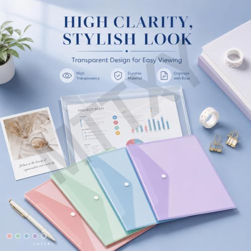 10/20/50/100 Pack Colored A4 File Folders with Label Slots, Snap Closure,100PCS