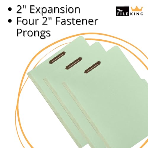 The File King One Divider Pale Green Pressboard Classification File Folder - Letter Size | Box of 10 | Top Tab | 2” Expansion | Four 2-Inch Durable Fastener Prongs | USA Made