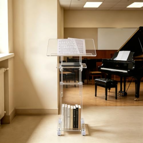 xsdzgdzy Acrylic Podium Stand with Wheels, Clear Adjustable-Height Presentation Stand, Dual-Layer Storage Lectern for Meeting Room, Classroom, Office, Mobile Rolling Modern Pulpit