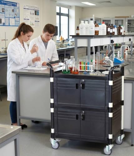 JaboEquip Double Lockable Door Medical Cart [ JaboEquip ] Cabinet Utility Cart with 2 Lockable Doors for Hospitality School Lab cart Service Cart, L34.43xD19.69 inch JABO cart, Black