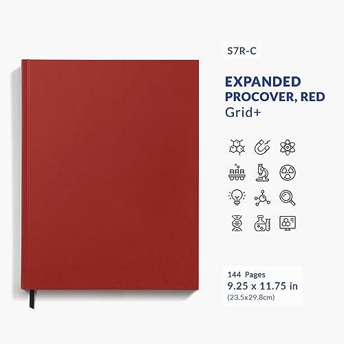 Vela Sciences Advanced S7R-C Expanded ProCover Lab Notebook, 9.25 x 11.75 in (23.5 x 30 cm), 144 Pages, Red Synthetic Leather, Permanent Bound, 70lb Heavyweight Paper (1-Pack, Grid+)