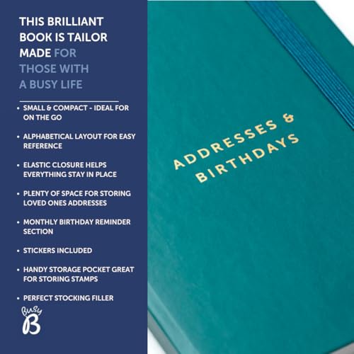 Busy B Address & Birthday Book - Teal Cover with Alphabetical Tabs, Address Change Stickers, Birthday Reminders, Handy Pockets & Elastic Closure Band