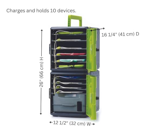Copernicus Premium Tech Tub2 10-Device Lockable Classroom Charging Station Box with 10 Port USB A for iPads, Chromebooks, or Tablets, Green/Black