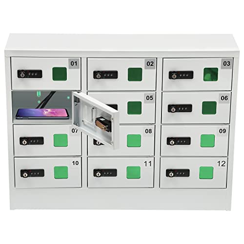 12 Slots Cell Mobile Phone Steel Locker with Combination Lock, Cellphone Charging Station with 3 in 1 Charging Ports for Most Phones, Cellphone Locker for Schools, Conference Rooms, and Offices