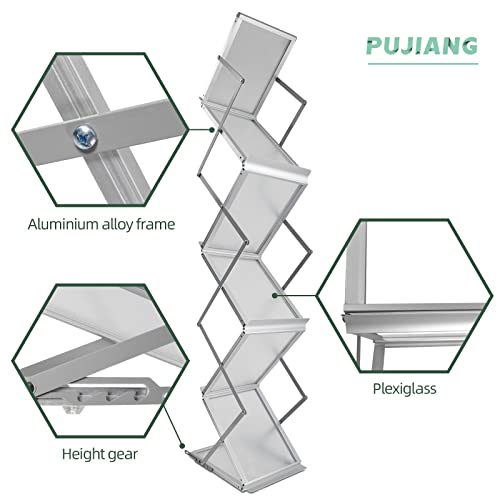 PUJIANG 6 Pockets Collapsible Literature Rack for Trade Shows, Metal Floor Standing Literature Stand Catalog Rack Brochure Rack Flyer Holder Pamphlet Holder with Carry Case