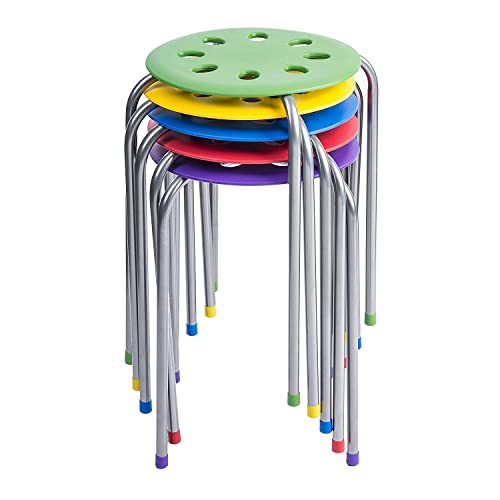 Pearington Plastic Classroom Stools for Kids, Multipurpose Stool Chairs, Flexible Seating, Stacking Stools, Stainless Steel Legs - Set of 5, Multi-Color
