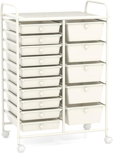 HOMGX 15-Drawer Storage Rolling Cart, Multipurpose Utility Storage Cart w/ 4 Lockable Wheels & Removable Drawers, Plastic Drawer Organizer for Office, Supermarket, Home, School (White)