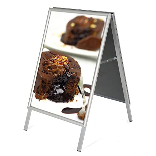 M&T Displays Silver Sandwich Board, 22x28 Inches Poster Sidewalk Display, 1" Aluminum profile, A-Frame with Header Menu Board, Double Sided, Polystyrene Backing, Mitered Corner