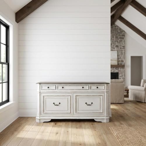 Bison office Antique White Credenza, European Traditional Style, Rubberwood Solids, White Oak and Birch Veneers, Ample Storage, Durable Construction