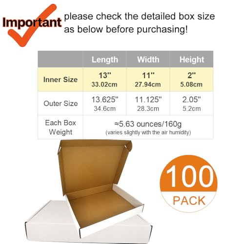 CH-BOX 100 Pack 13x11x2'' Small Shipping Boxes, Corrugated Cardboard Mailers for Business, White (CM13112-100)