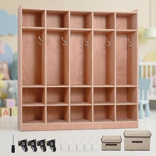 Chic Muse 5-Section Classroom Coat Locker, 15 Cubby Storage Organizer with 4 Casters, 5 Hooks & 2 Storage Boxes, Heavy-Duty Plywood Daycare Furniture for Preschool & Kids Entryway, 48" Tall