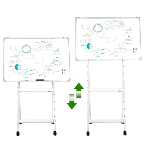 Double-Sided Rolling Whiteboard, Magnetic Mobile Whiteboard with 4 Lockable Swivel Wheels, Height Adjustable Flip Chart Easel Stand, Portable White Board for Home, School & Office Silver 80x120cm