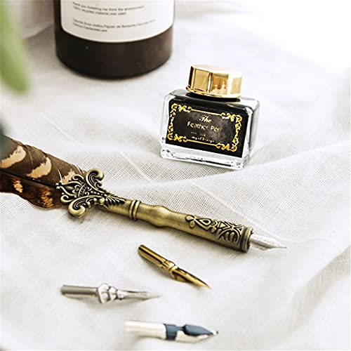 Retro Classical Feather Dip Pen Fountain Ink Bottle with 3 Nibs Stationery Gift Box for School Birthday Calligraphy (Color : A) (C)