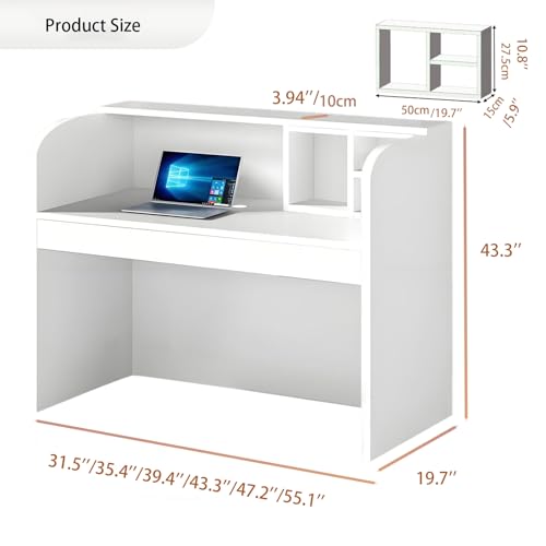 ZTYGXMB Small Reception Desk with Shelves, Modern Front Desk Checkout Counter Arc Corners Widen Desktop Cashier's Desk for Salon Reception Room Office Clinic Lobby Retail White 39.4''*19.7''*43.3''