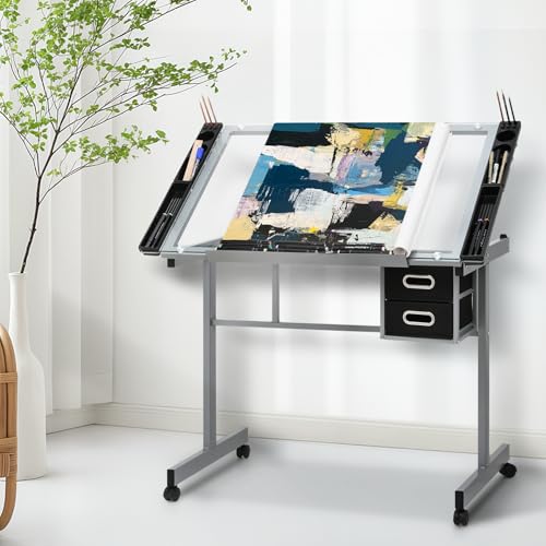 MIRAMINGLE Adjustable Tabletop Drafting Table, 0°-65° Angle Adjustments, Tempered Glass Top, Ideal for Artists & Designers, Alloy Steel Frame, 2 Drawers, Locking Wheels