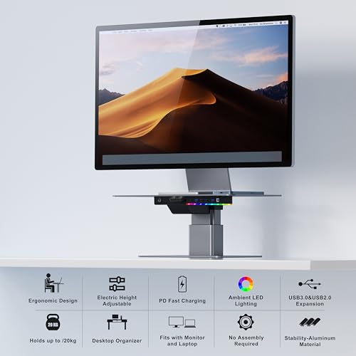 Electric Adjustable Monitor Stand, Computer Monitor Stand with Ambient LED Lighting,44LB Weight Capacity Laptop Stand for 19-40 Inch Monitor&10-16 Inch Computer MacBook Air/Pro, Dell, HP, Asus, Lenovo