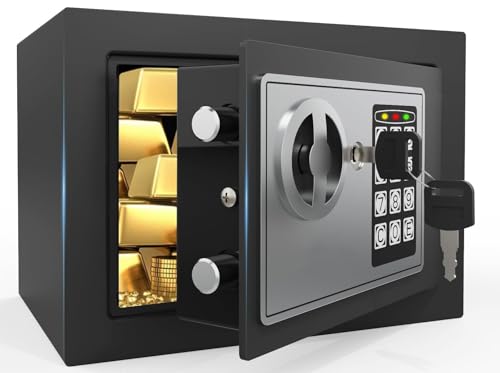 PATRON Small Safe Box for Money with Code and Keys，Solid Mini Safe for Kids with Digital Electronic Security Keypad for Home Office Hotel,Personal Money Safes for Cash,0.236 Cuft (Black)