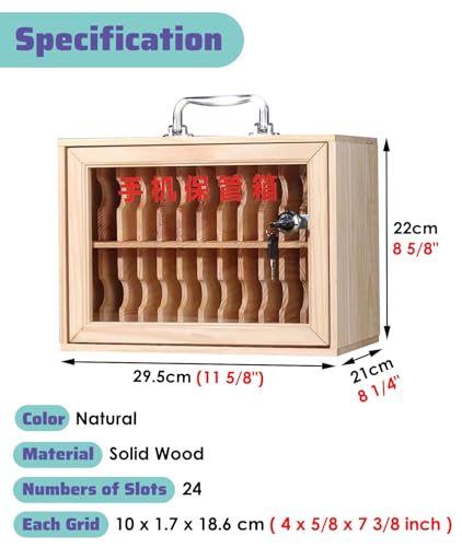 USZWBY Cell Phone Locker Natural Wooden Mobile Phone Jail Cubbies w/Charger, Large Capacity Cell Phone Storage Cubbies, Classroom Test Secure Lock Box for Phones（One Color-24 Slots）