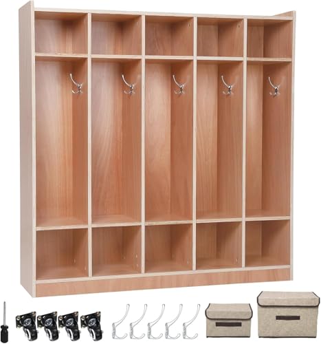 Attracoast 5-Section Kids Coat Locker with 10 Cubbies & 4 Hidden Wheels | 5 Double Hooks + 2 Storage Boxes | Wood Storage Cabinet for Classroom, Daycare, Home, Kindergarten & School