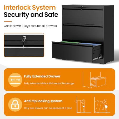 3 Drawer Lateral File Cabinet with Lock, Metal File Cabinets for Home Office, Office Furniture for Organization Hanging Legal/Letter/A4, Metal Filing Cabinet Storage Cabinet, Require Assembly, Black